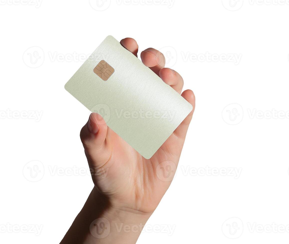 Hand holding a bank card, using it for an online payment or transaction. Glossy, pearlescent design photo