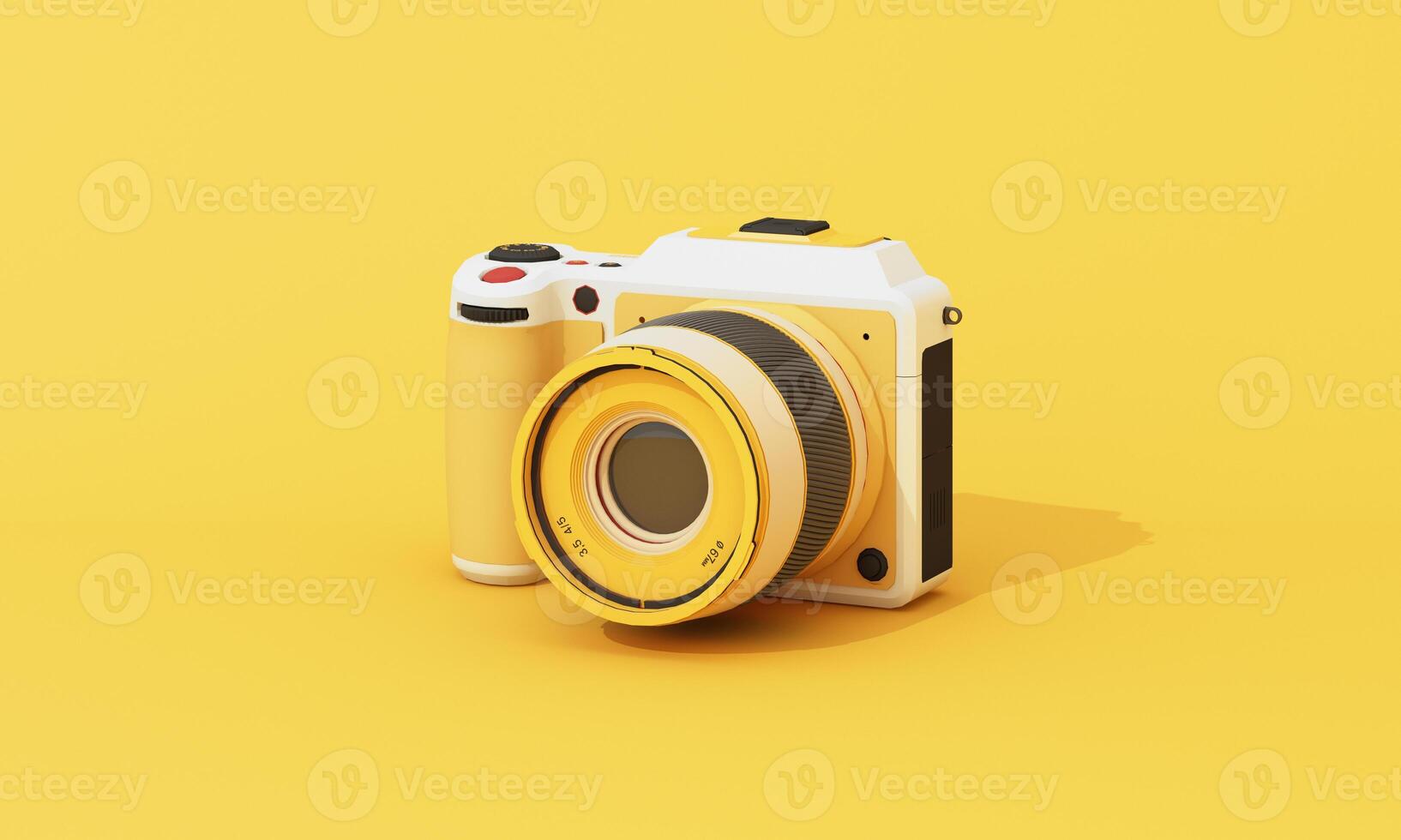 Minimal close-up 3D rendering of a compact digital camera on a clean yellow backdrop. Ideal for tech and product themes. 3d rendering. photo