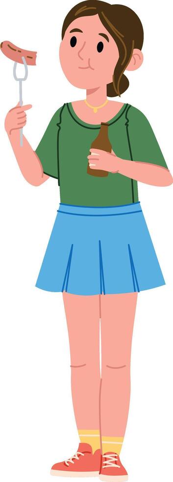 Girl Holding Sausage and Drink vector