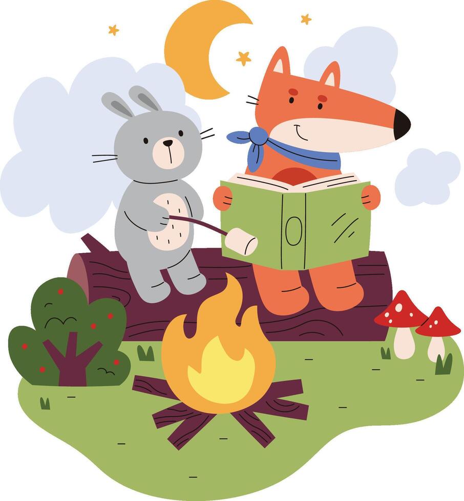 Fox and Rabbit Campfire Scene vector