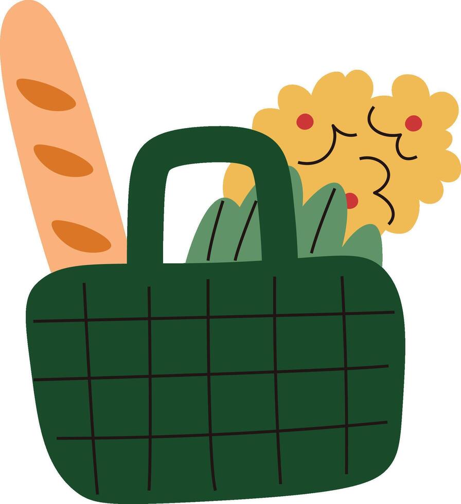 Grocery Basket with Bread and Flowers vector