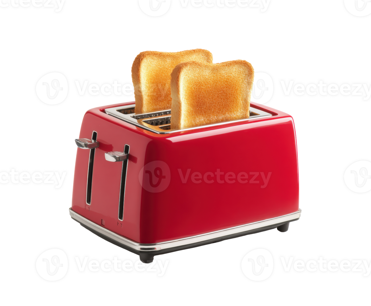Bright red toaster with golden brown toast for breakfast preparation png
