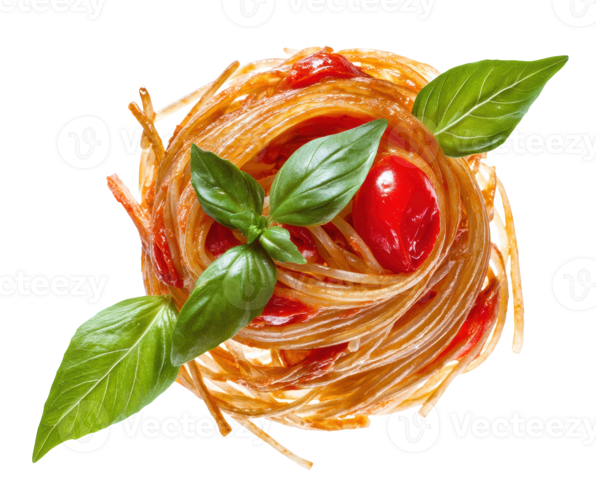 Delicious spaghetti topped with fresh basil and cherry tomatoes png