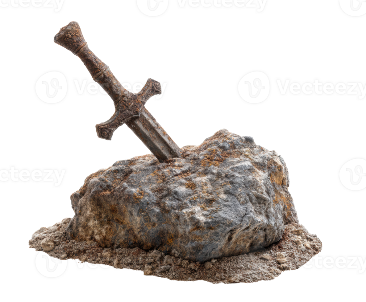 Sword embedded in stone as a symbol of legend and valor png