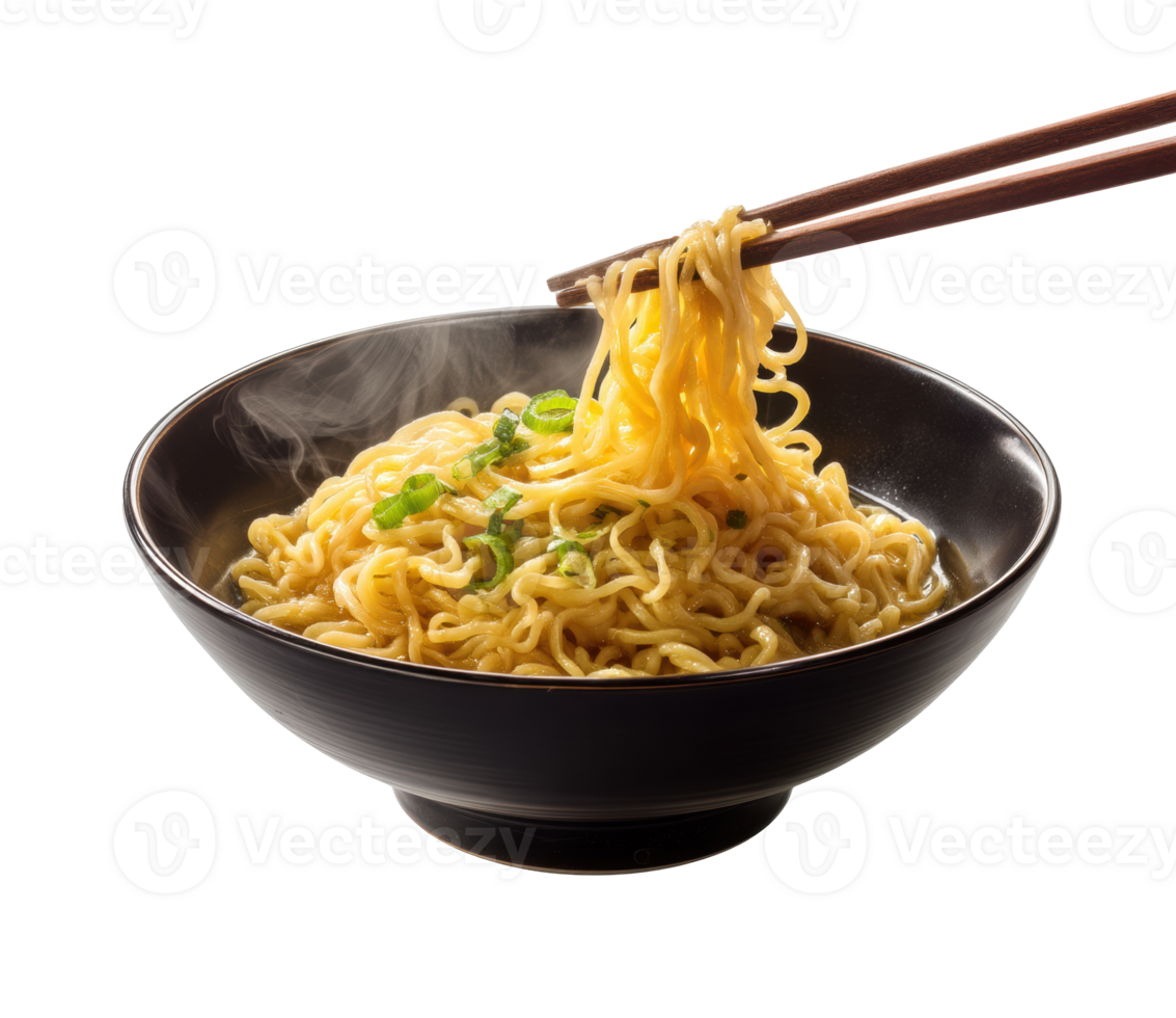 Delicious bowl of steaming noodles with chopsticks for dining png