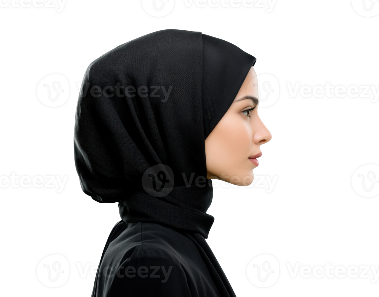 Elegant woman in black hijab with side profile view for fashion design png