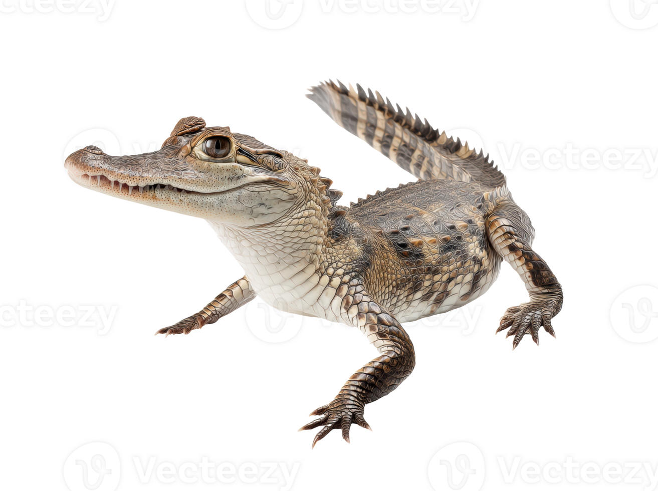 Young crocodile resting on a surface with bright details and textures png