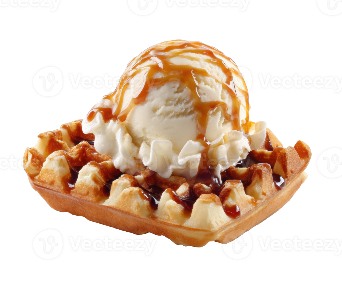 Delicious dessert with waffle and ice cream topped with caramel sauce png