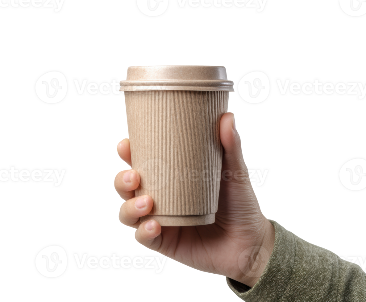 Hand holding a disposable coffee cup in a casual setting png