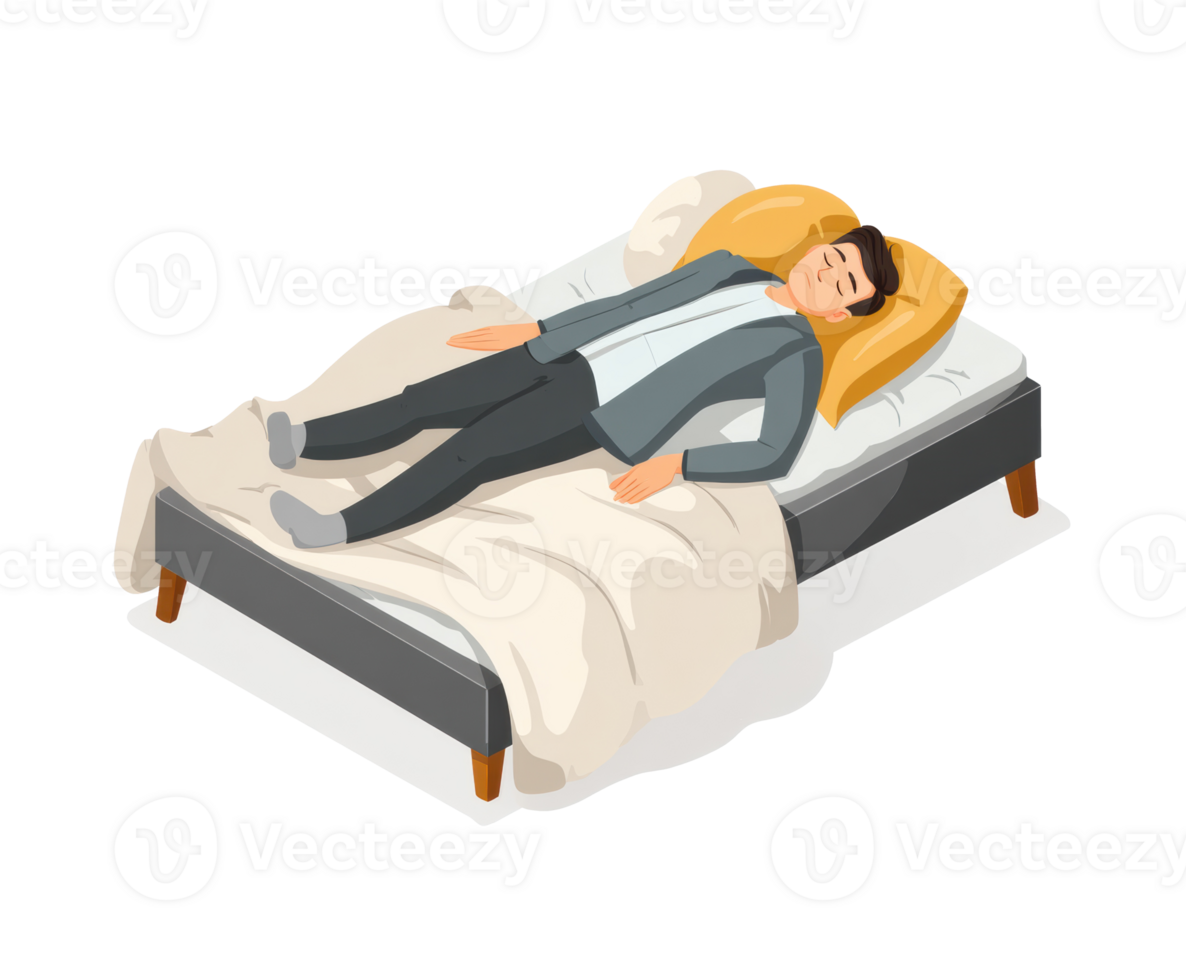 Businessman resting on bed in office attire during break time png