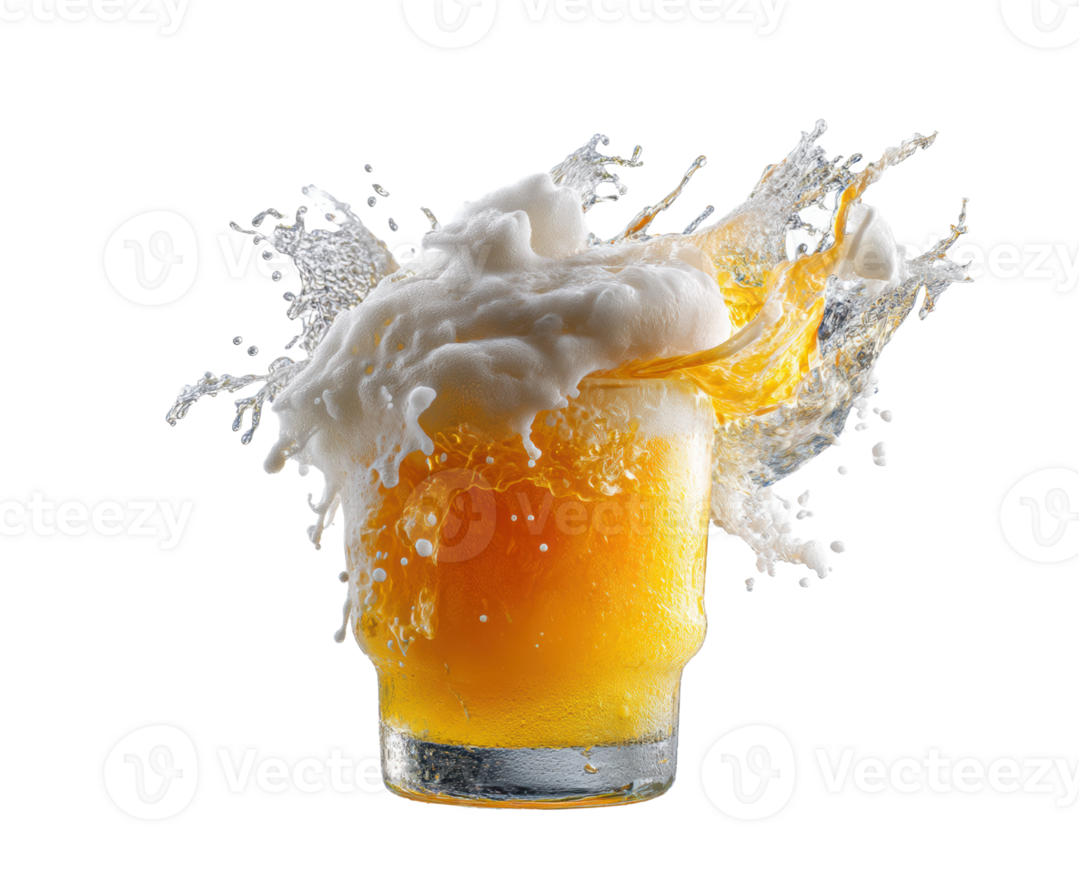 Refreshing splash of golden beverage in clear glass png