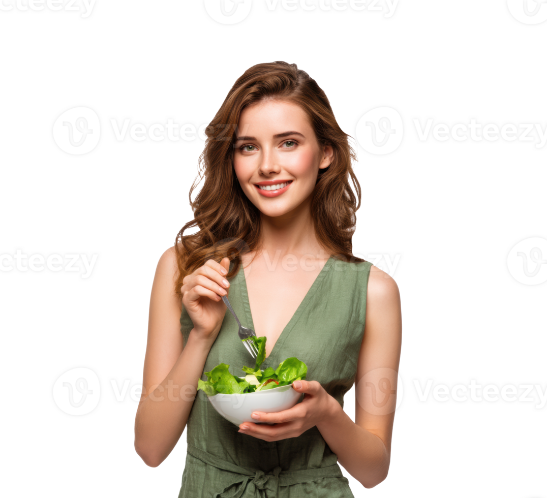 Fresh salad enjoyment with a smiling woman in a casual outfit png