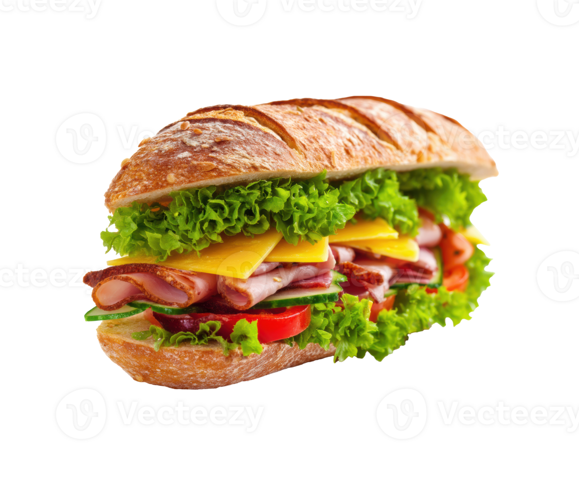 Fresh deli sandwich loaded with greens, meats, and cheese png