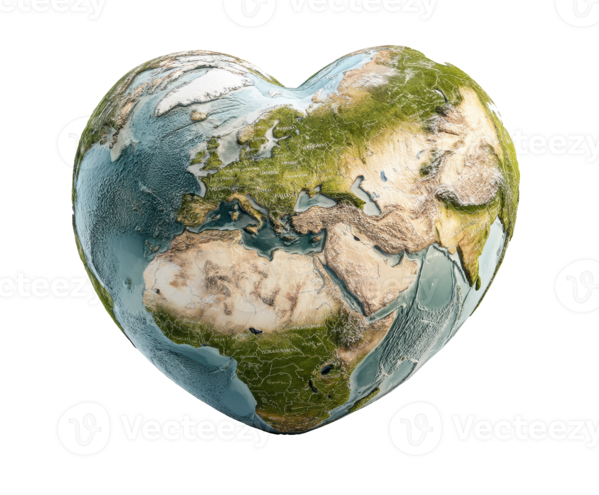 Heart-shaped globe symbolizing global love and unity for Earth png