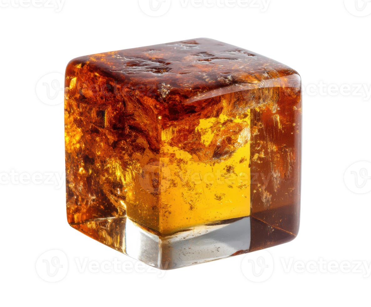 Natural amber cube gemstone with vibrant golden hues and inclusions png