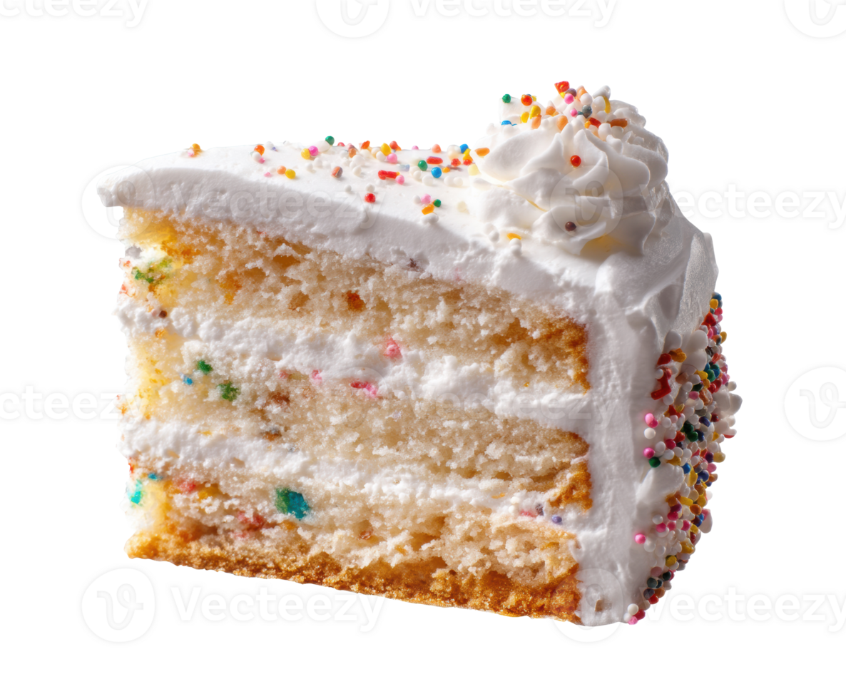 Vanilla birthday cake slice with sprinkles and frosting png
