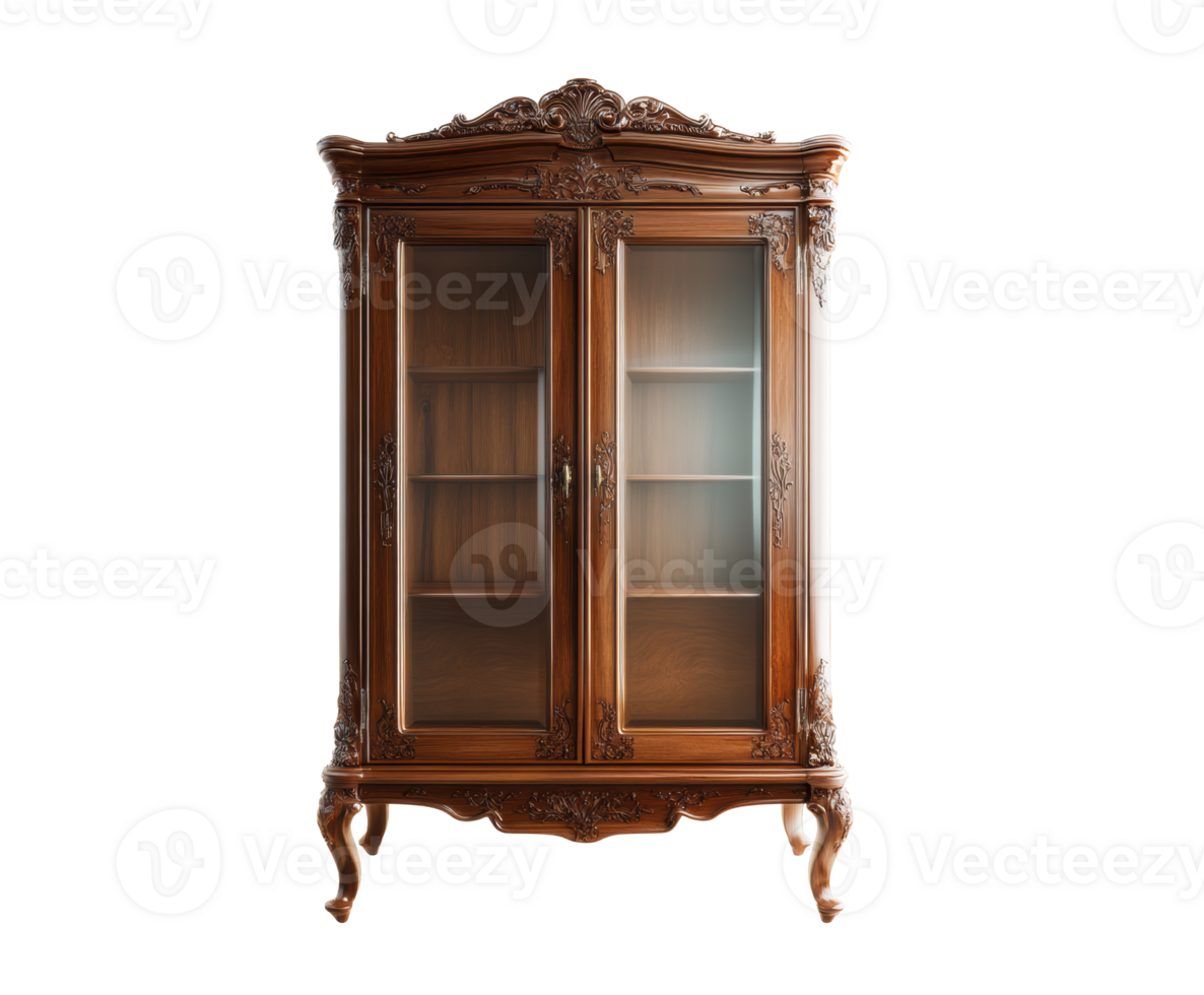 Elegant wooden display cabinet with glass doors for home decor png