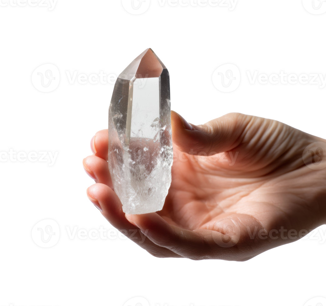 Clear quartz in hand for meditation and healing png