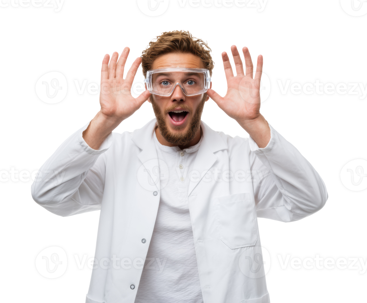 Exciting scientist expressing joy in laboratory setting with goggles png