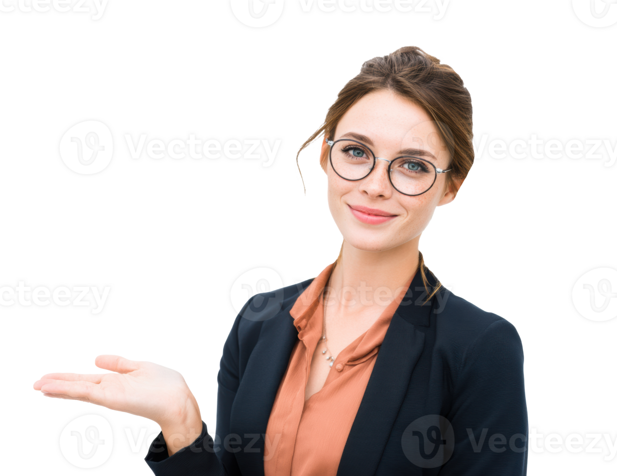 Professional woman presenting with a confident smile and glasses png