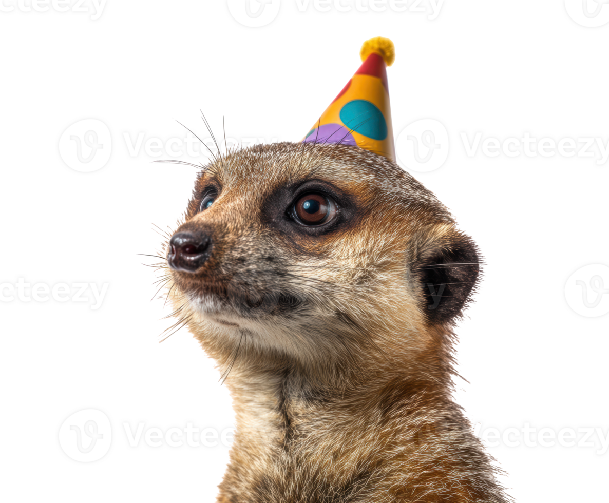 Playful meerkat wearing a party hat for celebration or event fun png