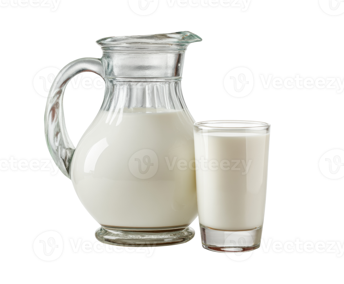 Creamy milk in a glass and pitcher for healthy beverages png