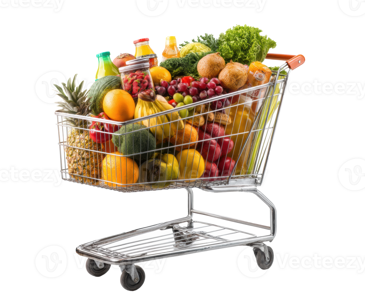 Colorful grocery cart filled with fresh fruits and vegetables png