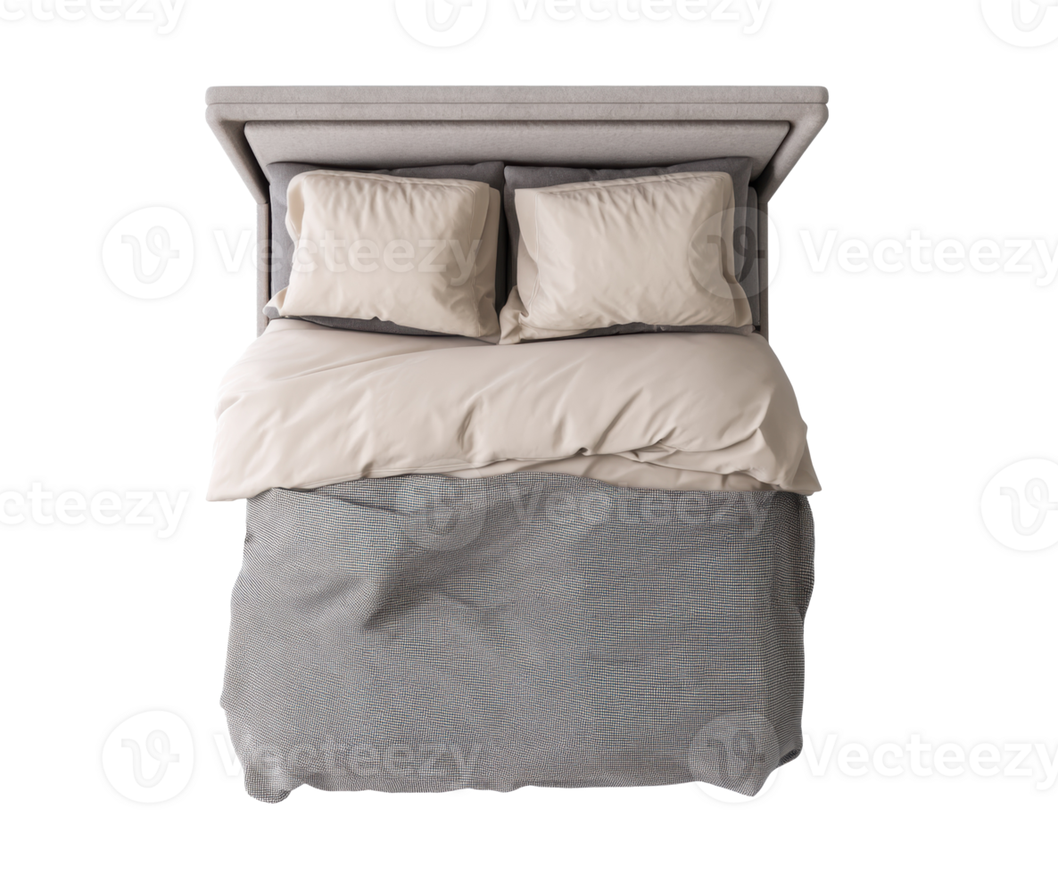Modern bedroom design with stylish bedding in neutral tones png