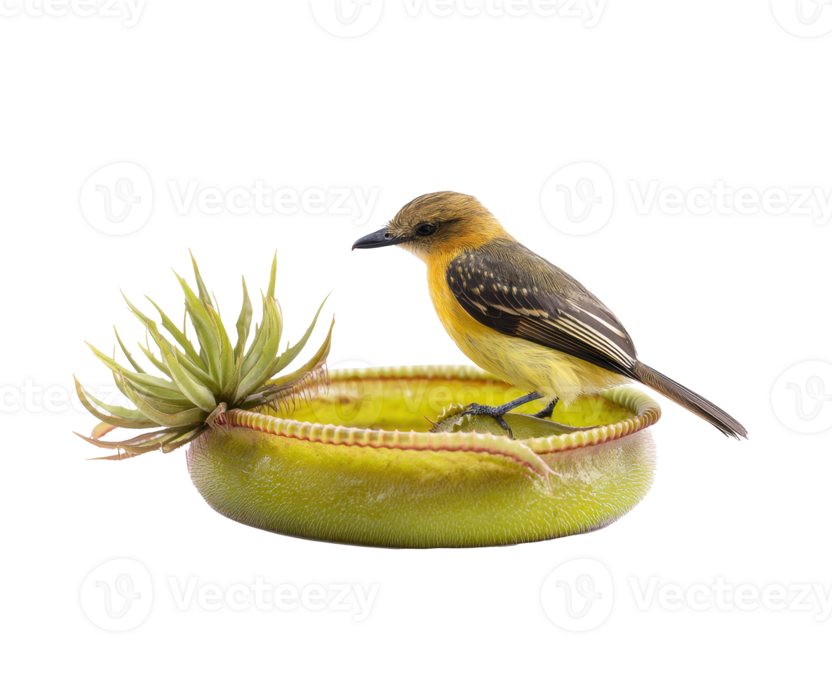 Vibrant bird perched on a unique plant in a natural setting png