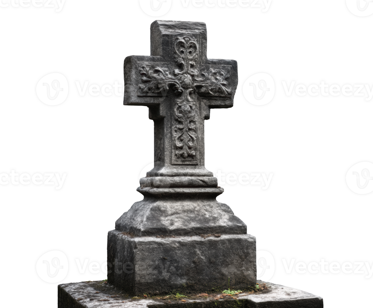Ancient stone cross with intricate carvings in a graveyard setting png