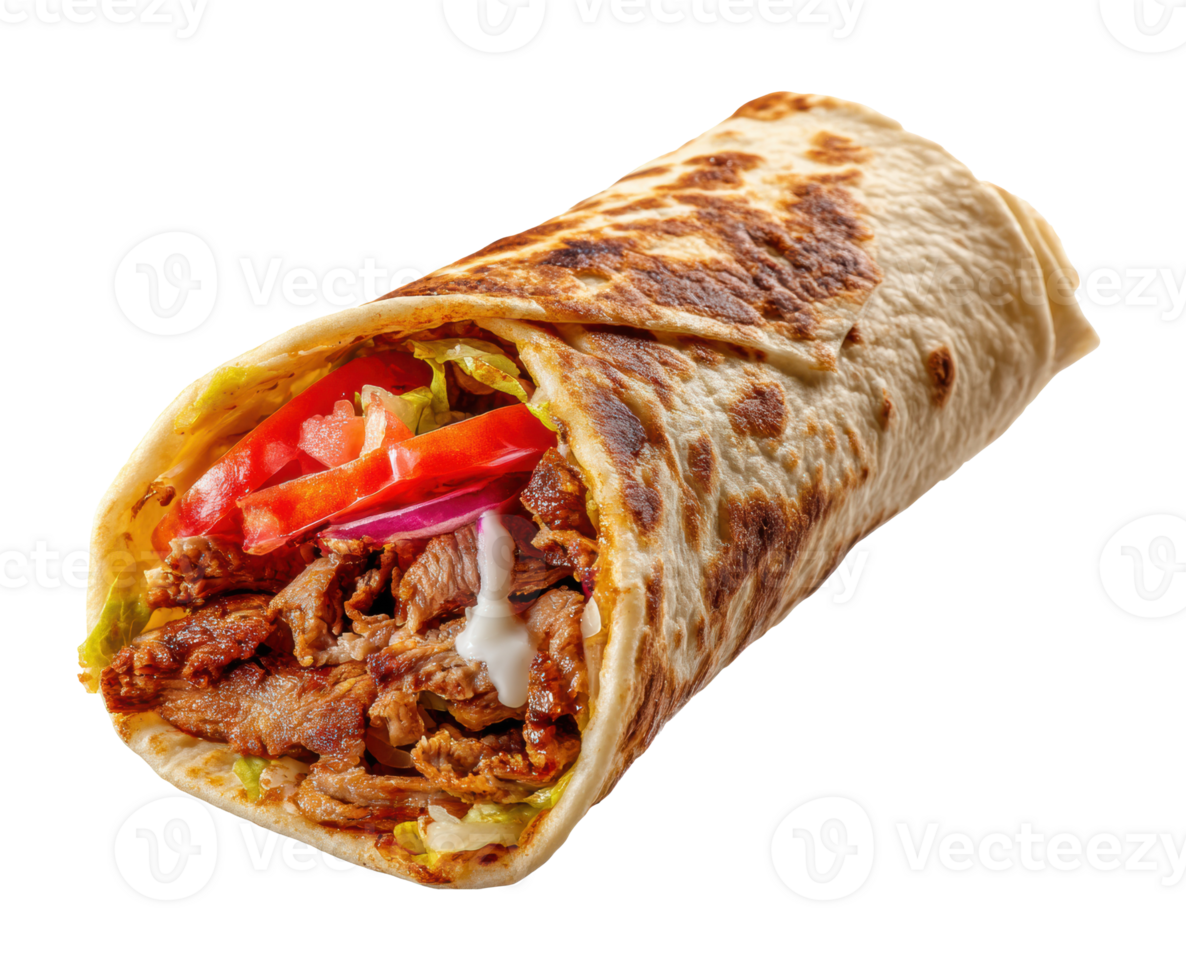 Delicious beef wrap with fresh vegetables and sauce for lunch png
