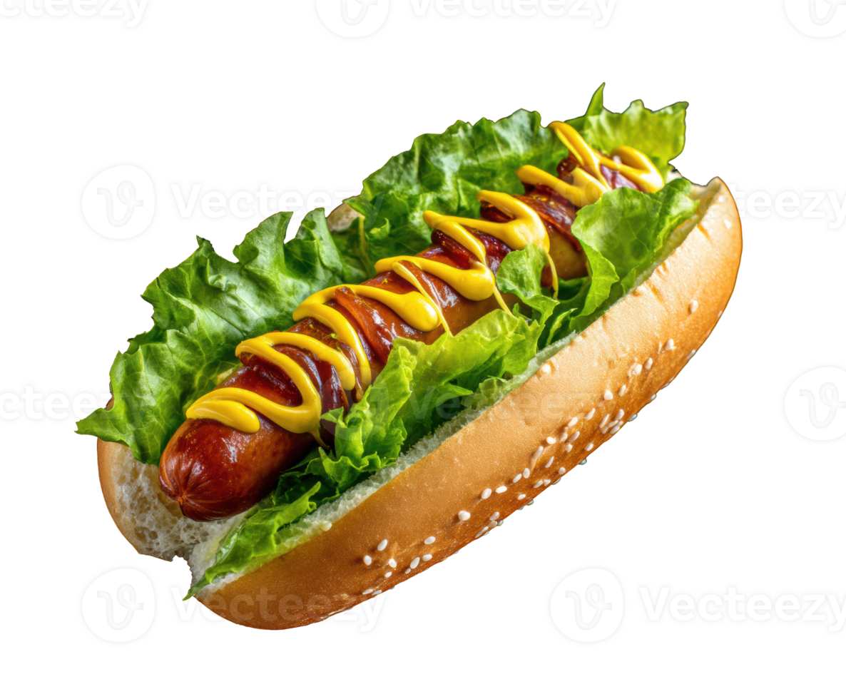 Tasty hot dog with mustard and fresh lettuce for summer enjoyment png