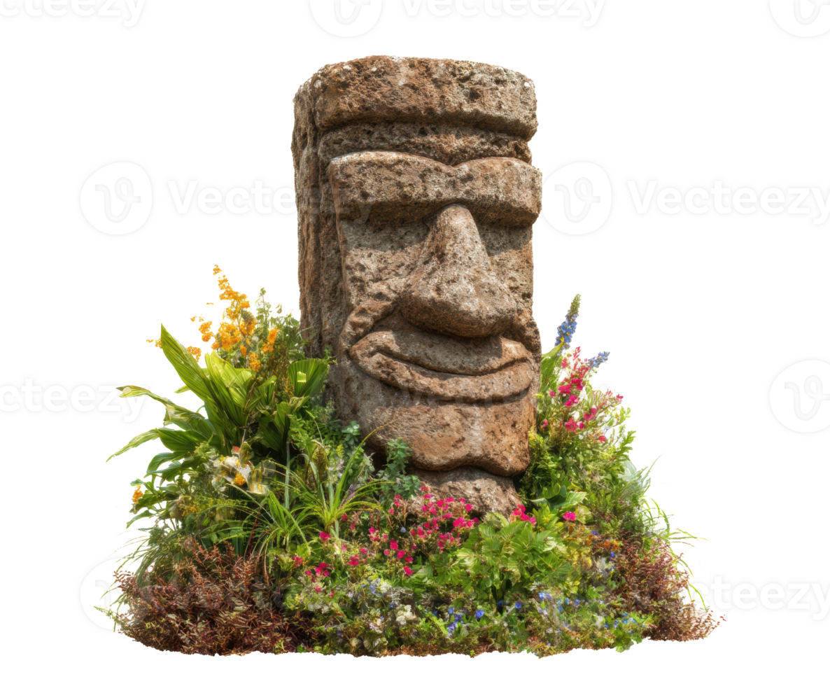 Moai statue surrounded by tropical flowers in a serene garden setting png