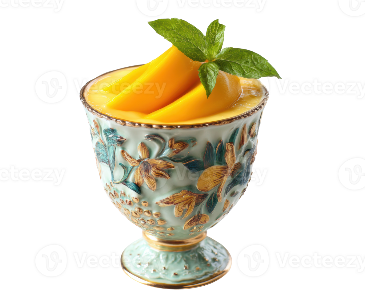 Refreshing mango dessert served in ornate cup with mint garnish png