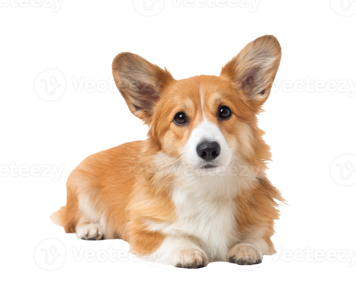 Corgi dog resting with expressive eyes and fluffy coat in playful pose png