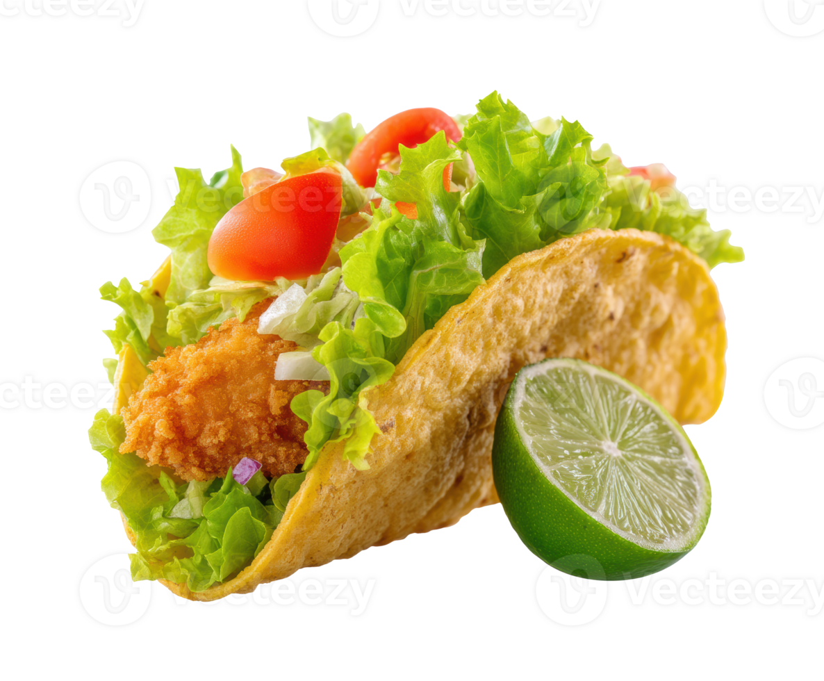 Fresh taco with crispy chicken, lettuce, and vegetables ready to enjoy png