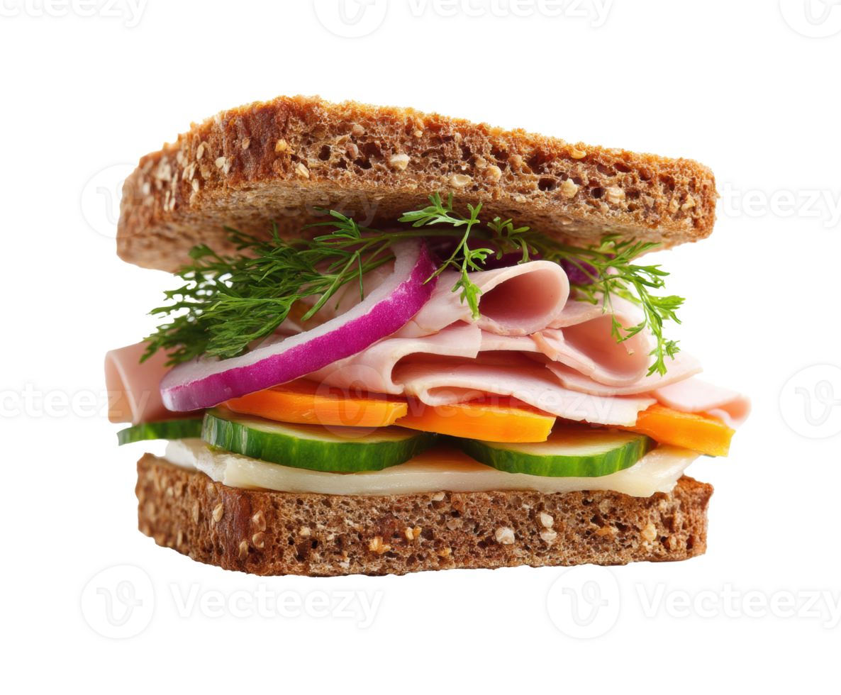 Healthy sandwich with fresh veggies and lean ham on whole grain png