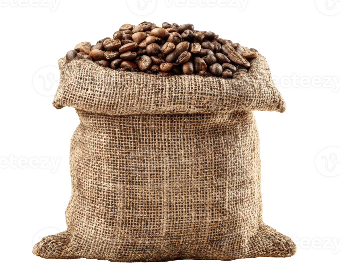 Freshly roasted coffee beans in burlap sack for aromatic blends png