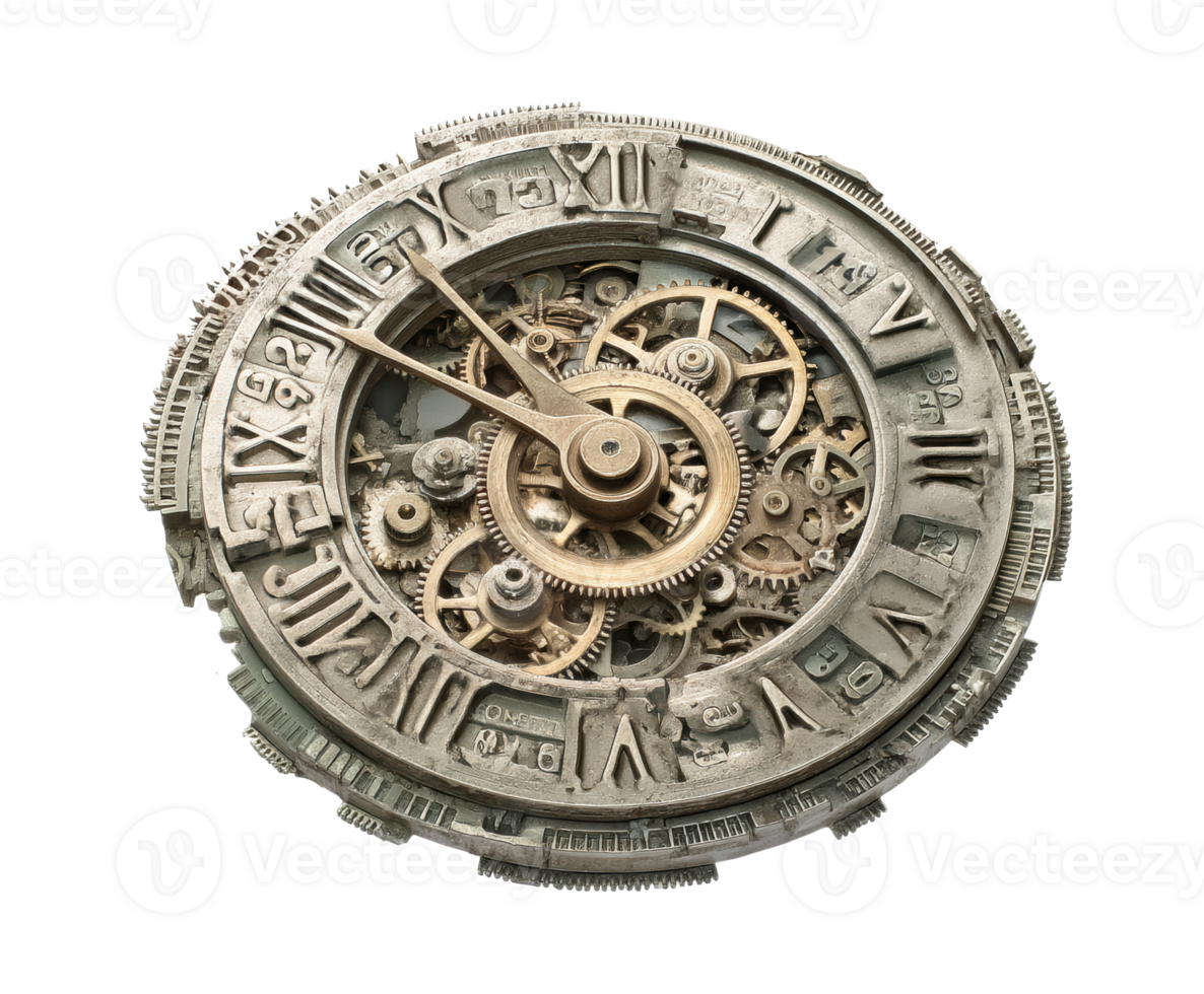 Intricate mechanical clock showing detailed timekeeping gears png