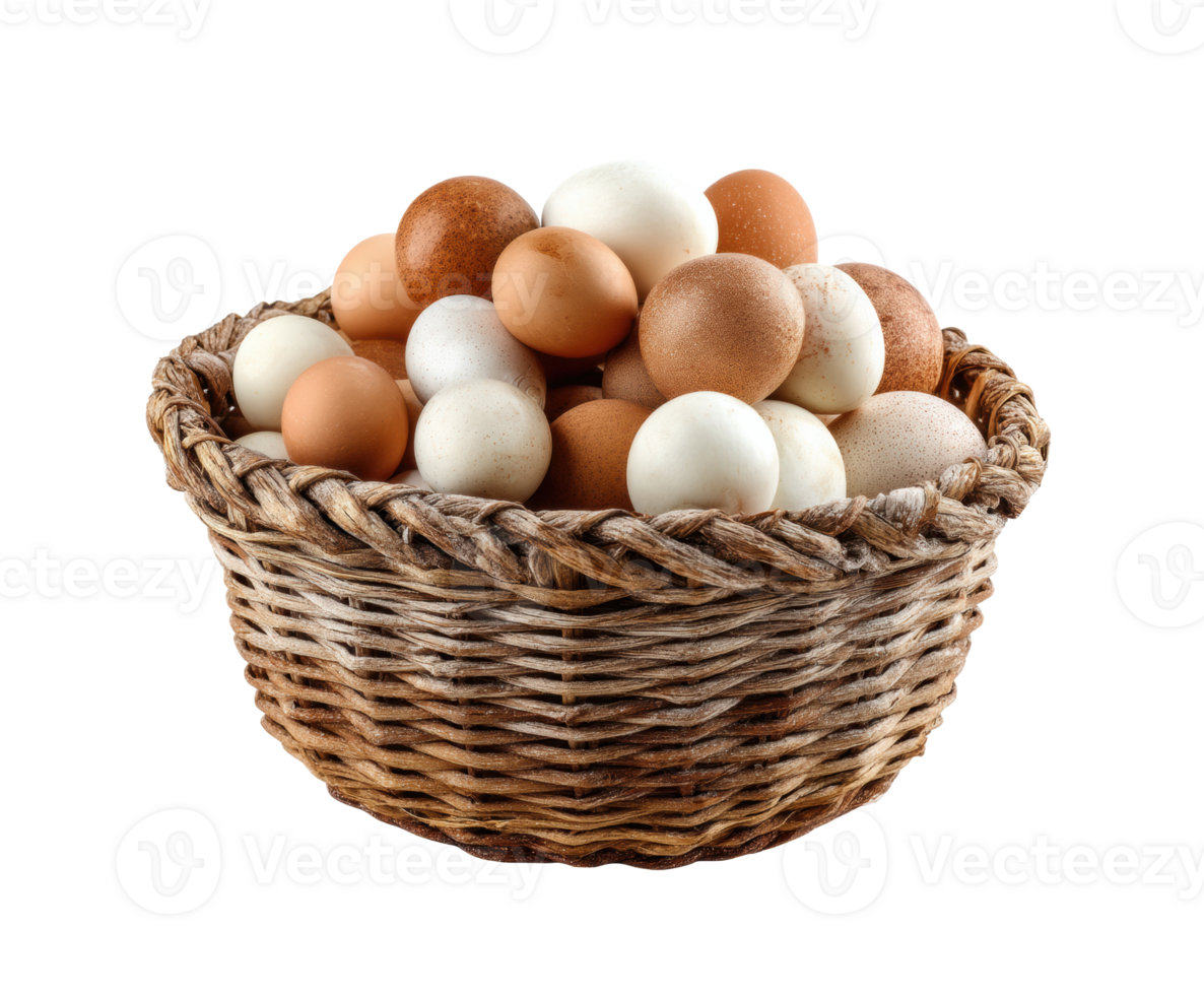 Fresh eggs in a woven basket for culinary uses and decorating png