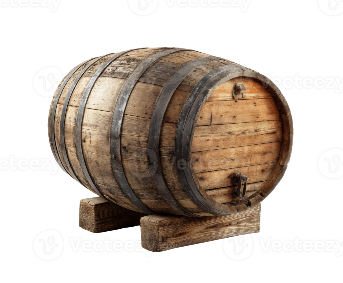 Wooden barrel on a stand for aging beverages or storage png