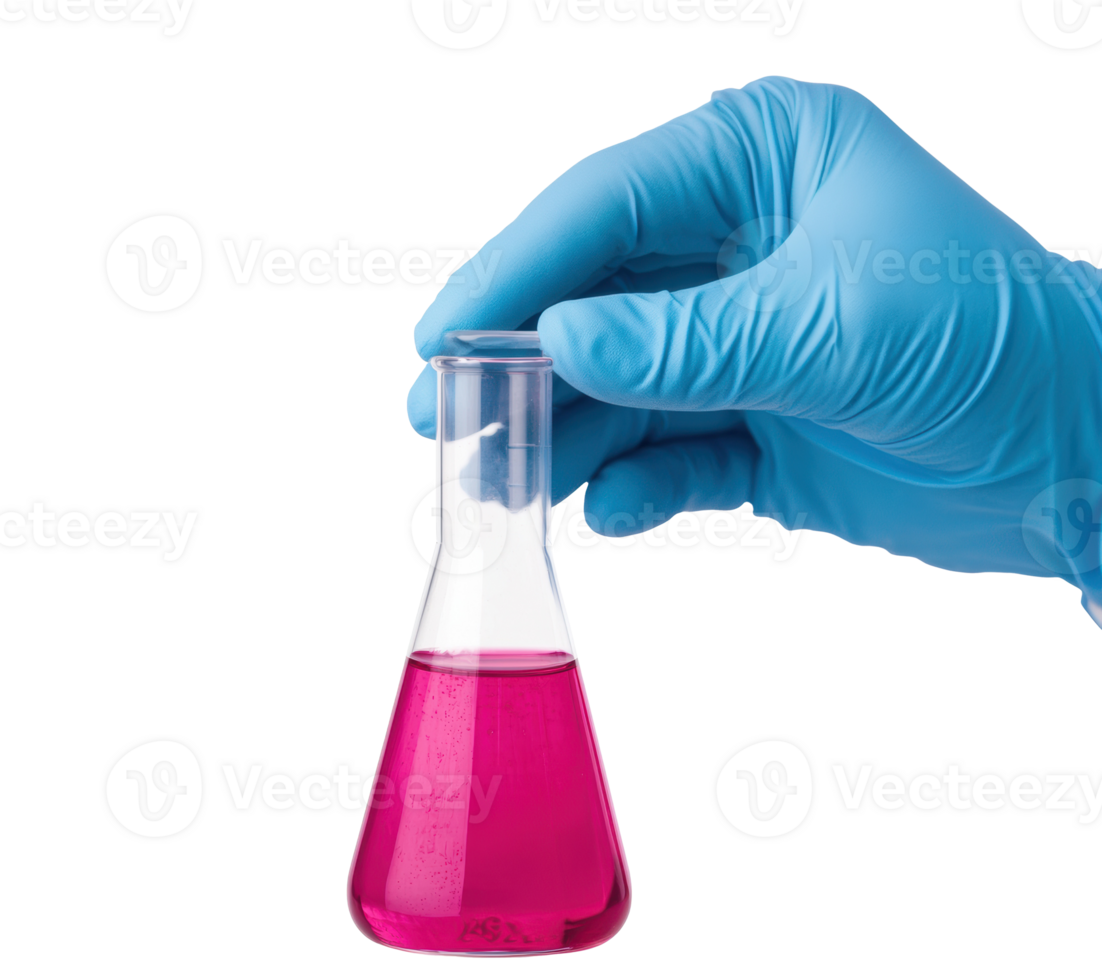 Gloved hand holds pink liquid in lab flask for experiment png