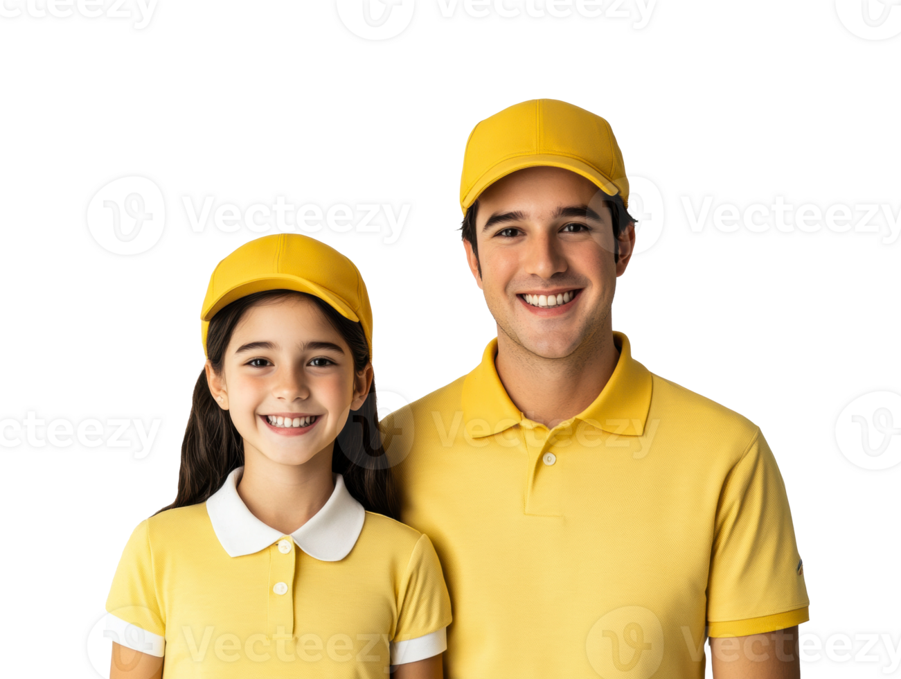 Smiling family in yellow outfits with matching caps posing together png