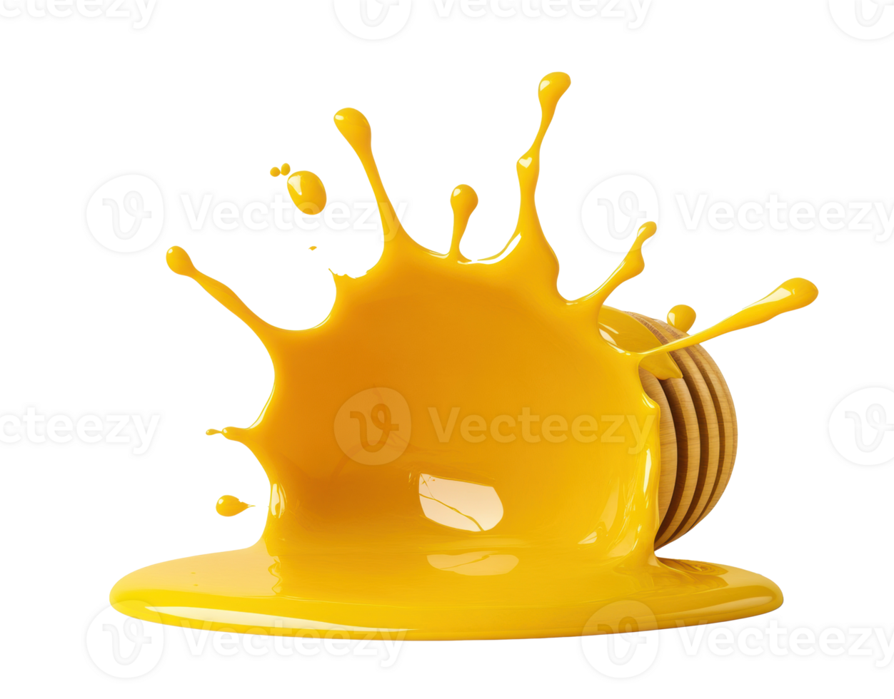 Yellow paint splash with dripping honey and wooden dipper for design png