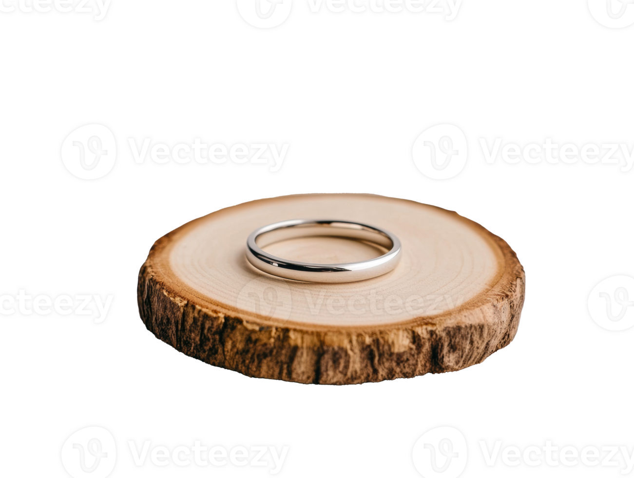 Elegant silver ring display on wooden slice for special occasions png