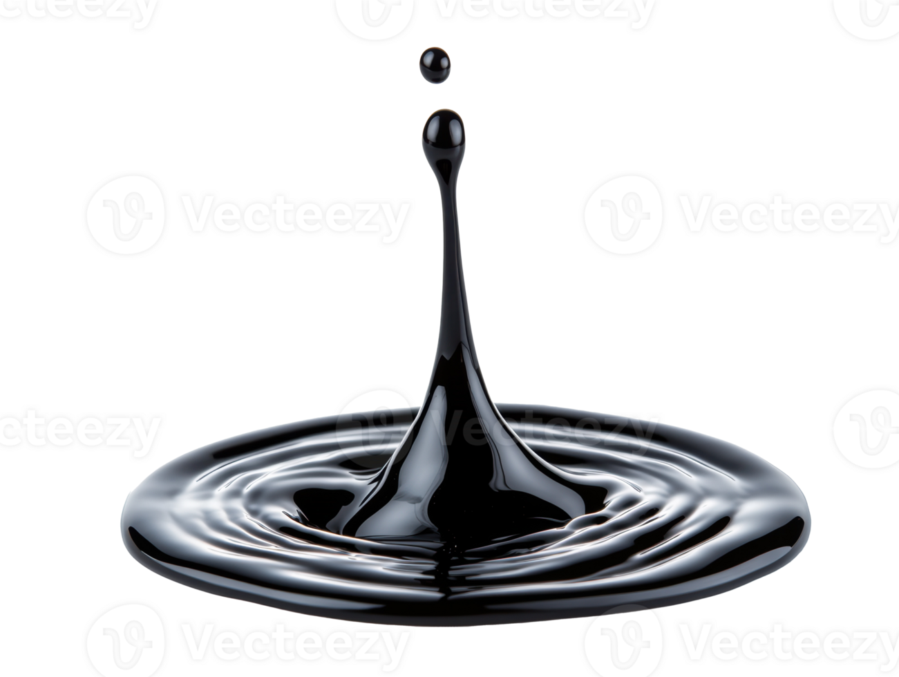 Droplet impact creating ripples in glossy black liquid surface png
