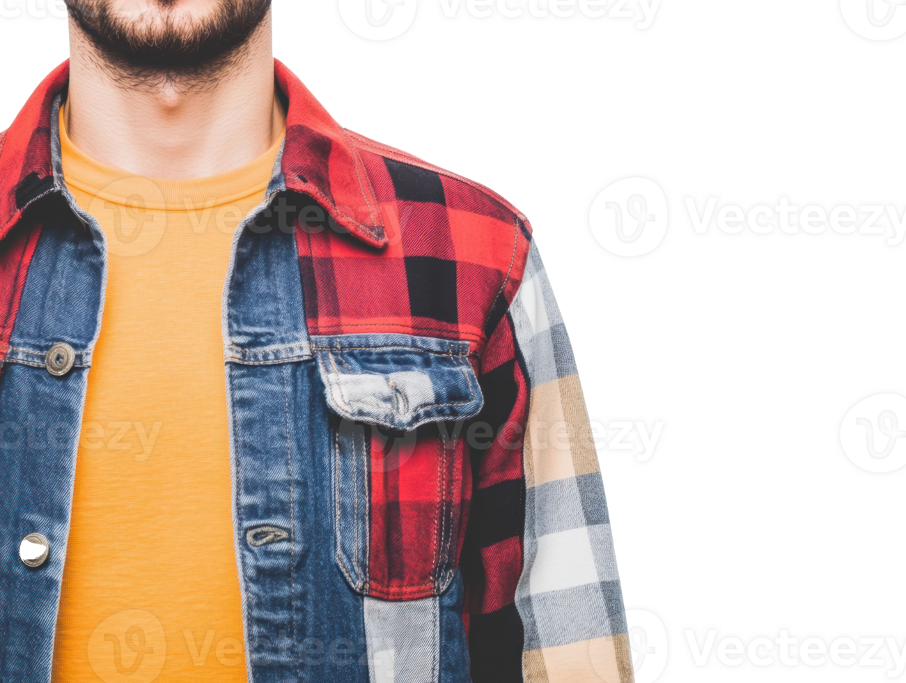 Stylish casual outfit with colorful jacket and t-shirt for men png