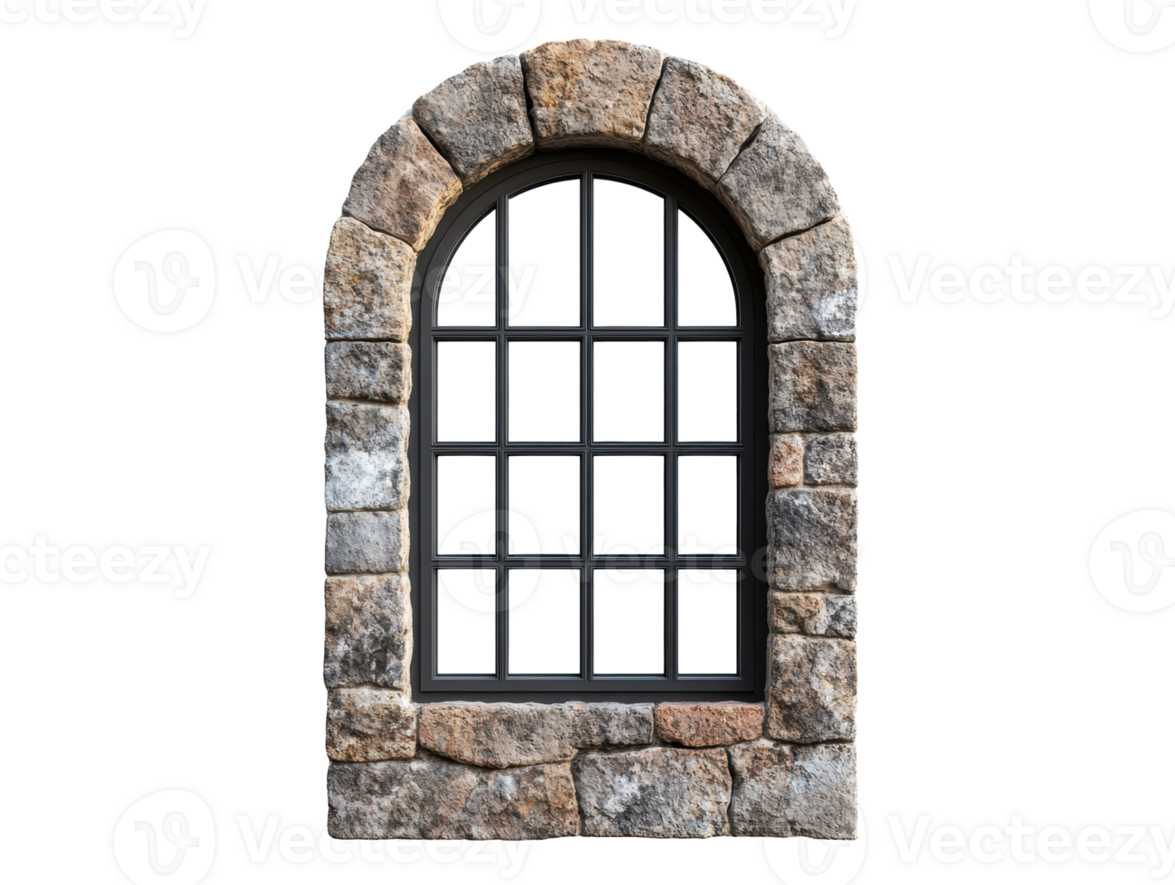 Rustic arched stone window design for historical architecture png
