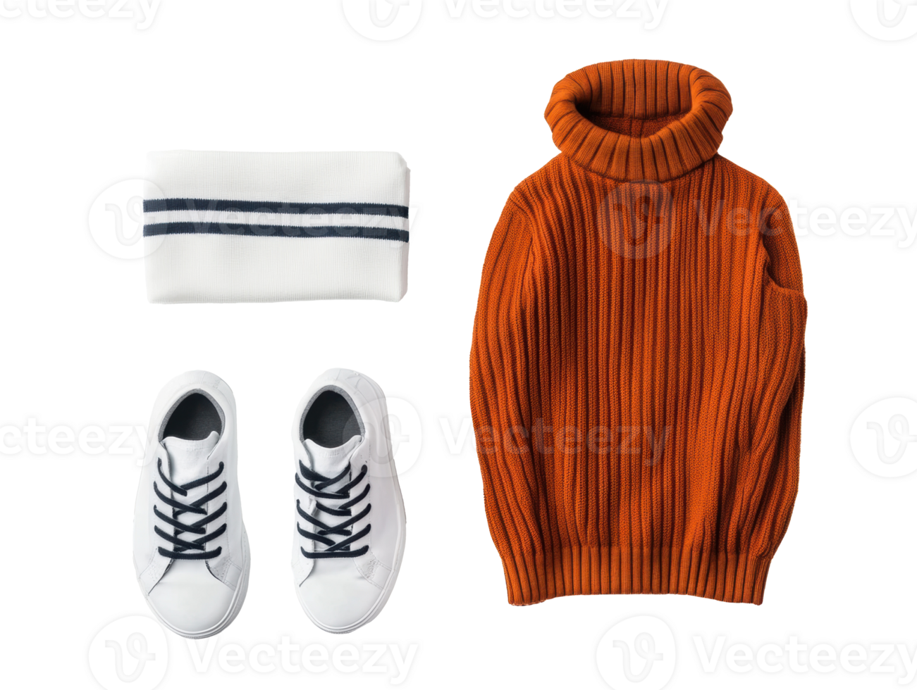 Cozy autumn outfit with turtleneck, hat, and sneakers for casual style png