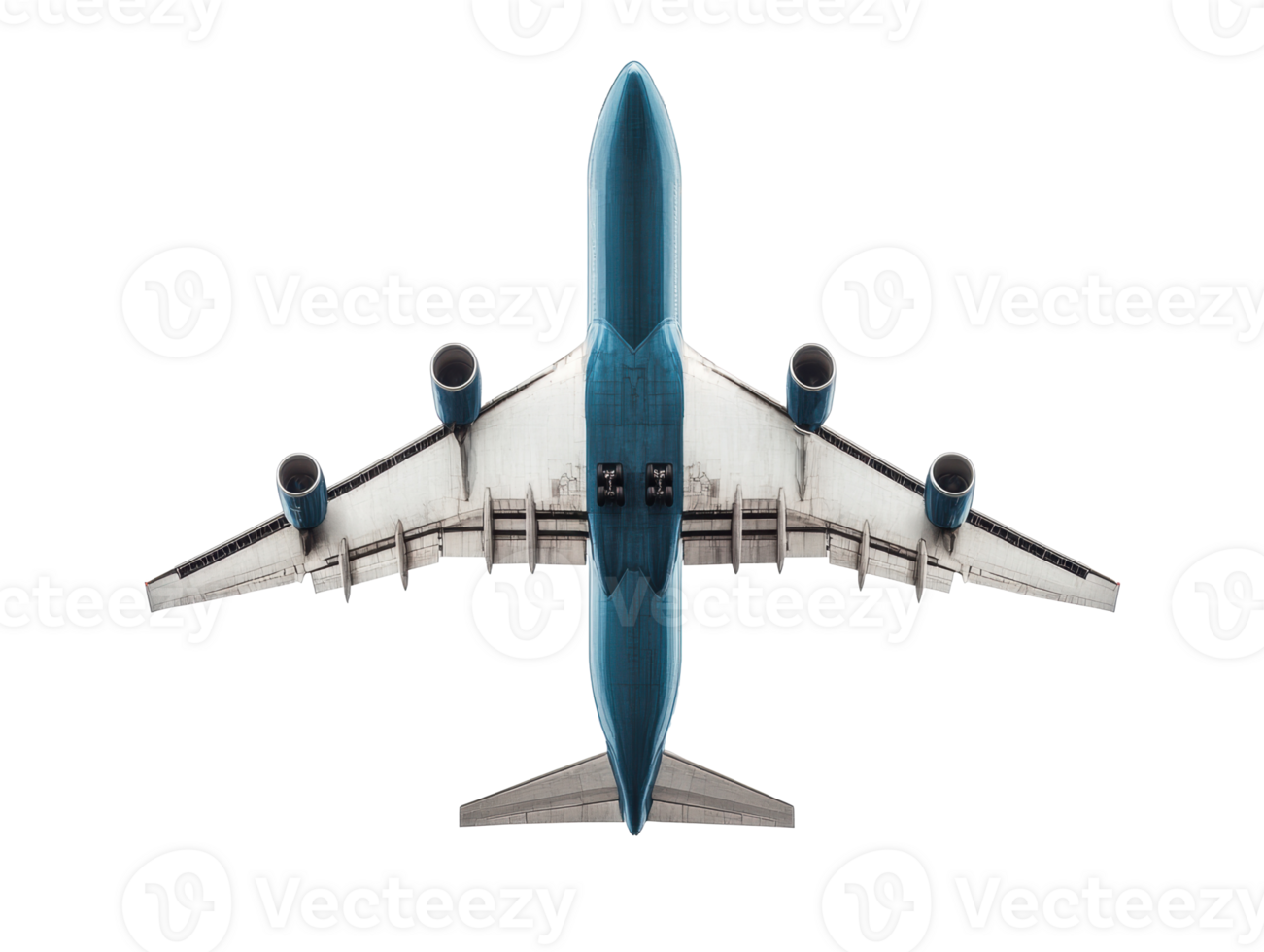 Airplane aerial view showcases sleek design and powerful engines png